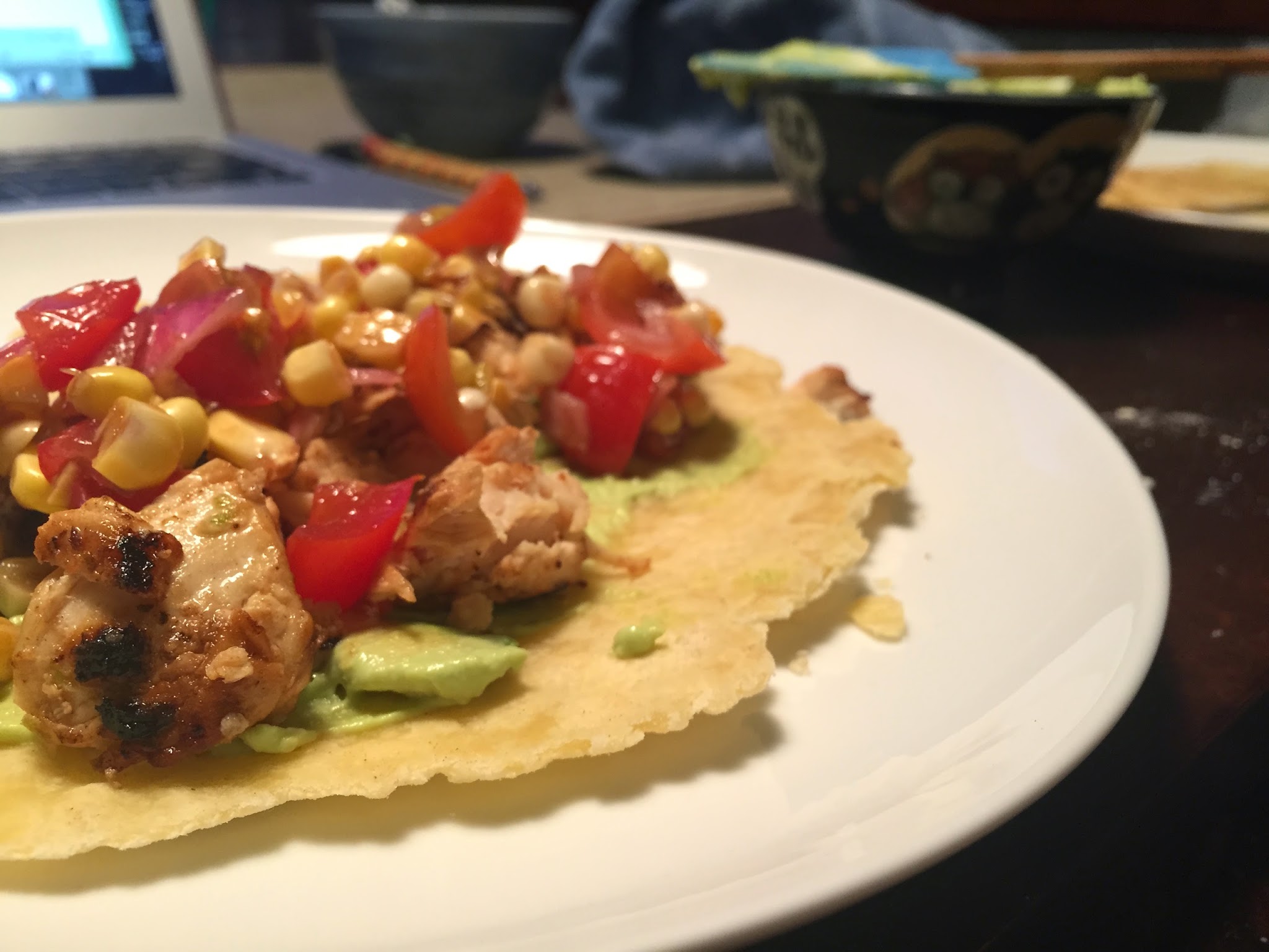 Lime ginger chicken tacos … with tomato corn salsa