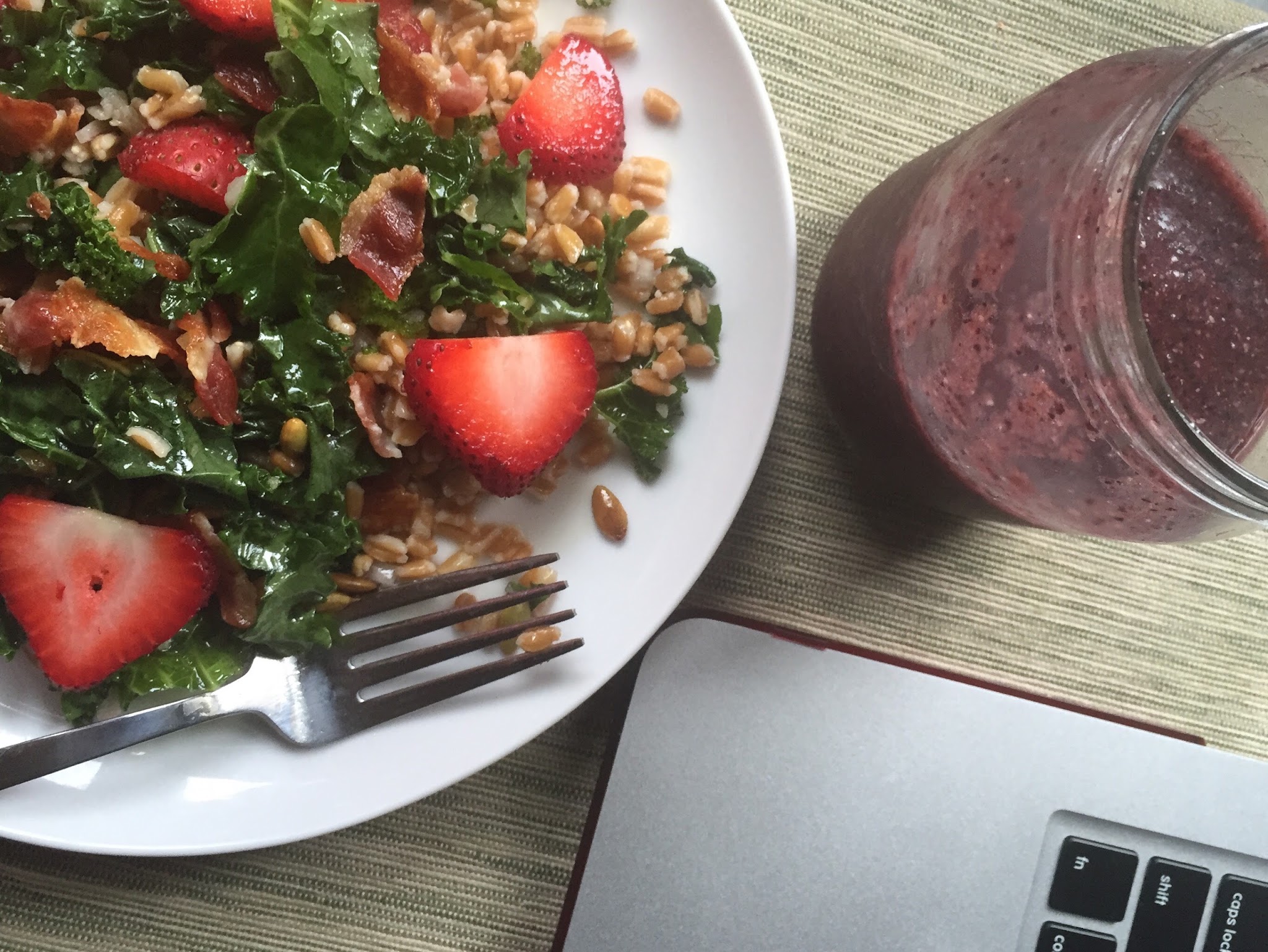 farro kale salad + bacon + strawberries