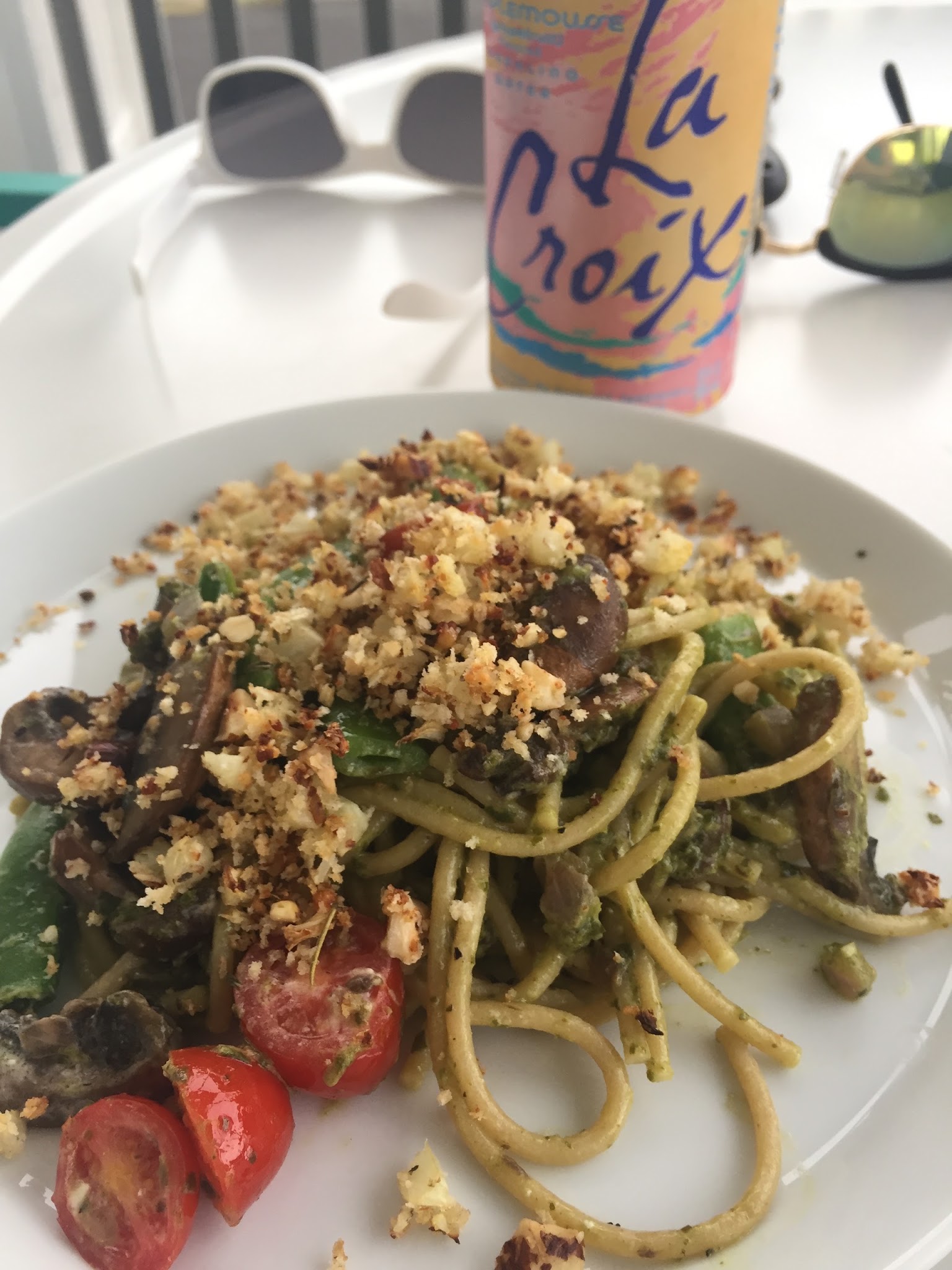 arugula pistou with hazelnut panko and summer veggies