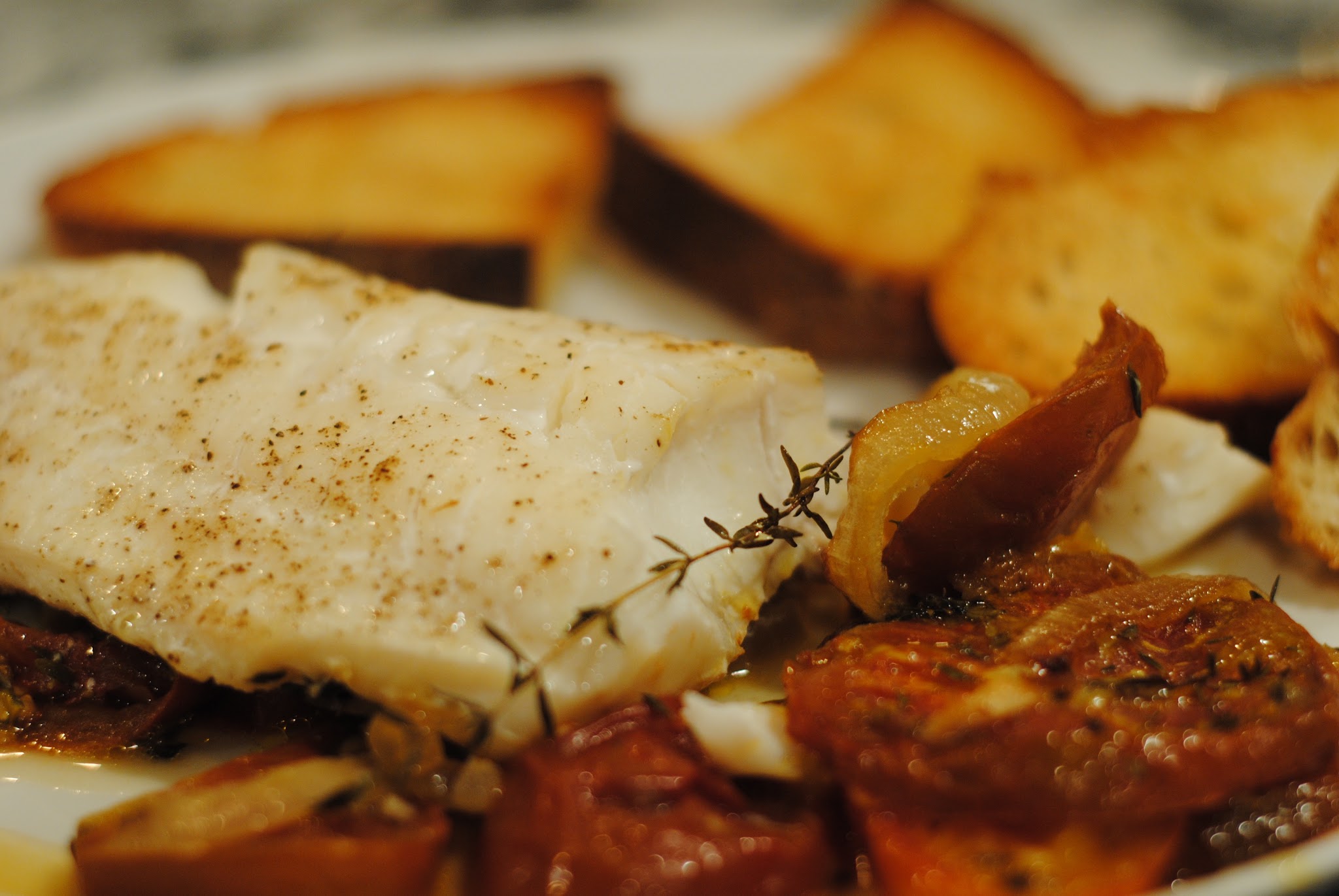 Cod with roasted tomato thyme sauce