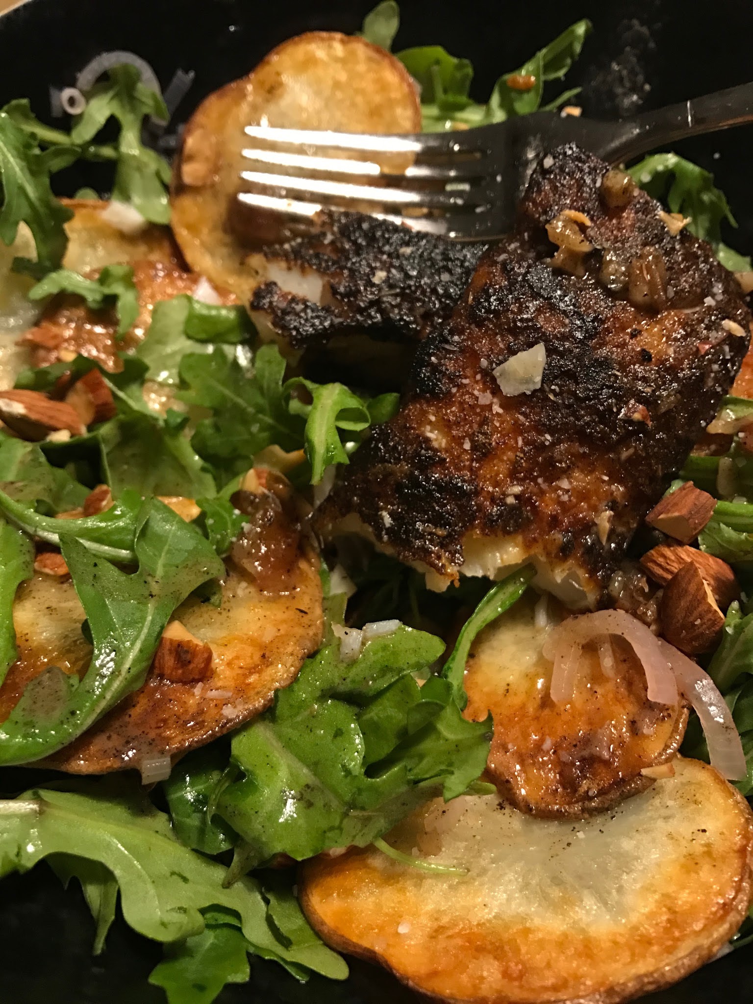 smoky cod over roasted potatoes and pickled shallots